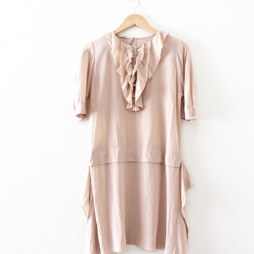 Miu Miu Vintage 2000s Silk Ruffled Blush Pink Elegant Mini Cocktail Dress.